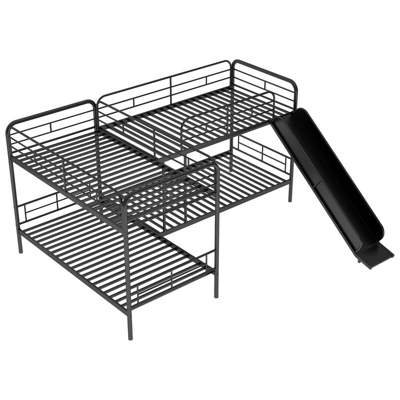 Twin Size LShaped Bunk Beds with Slide & Ladder, Metal Quad Bunk Beds
