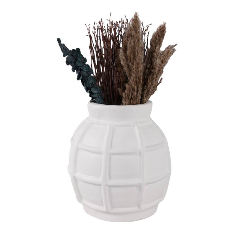 Paper Mache Vase Raised Grid Texture Modern Design - 11" White