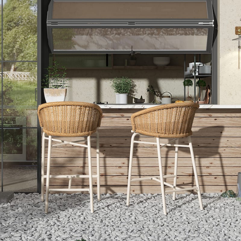 Santorini 28" Wicker Back Outdoor Bar Stool, Set of 2, Wheat Beige Axroma Olefin