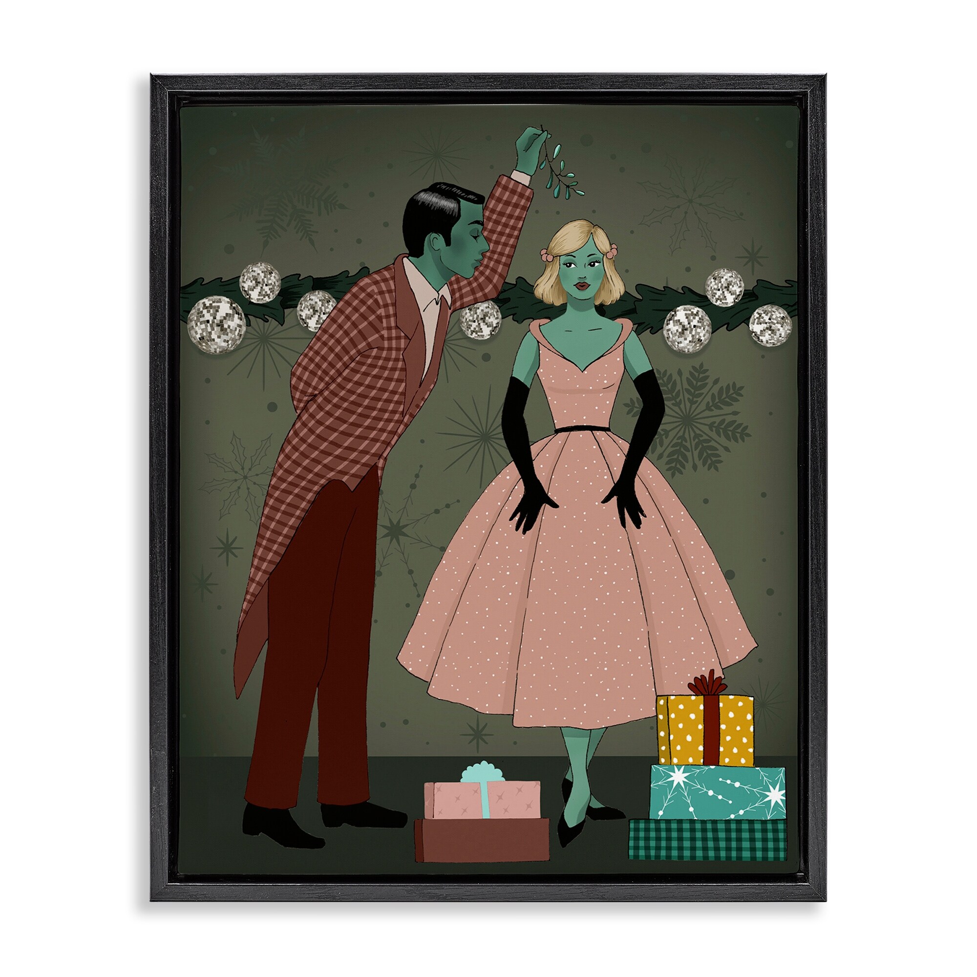 Stupell Romantic Christmas Kiss Framed Floater Canvas Wall Art Design By Grace Popp