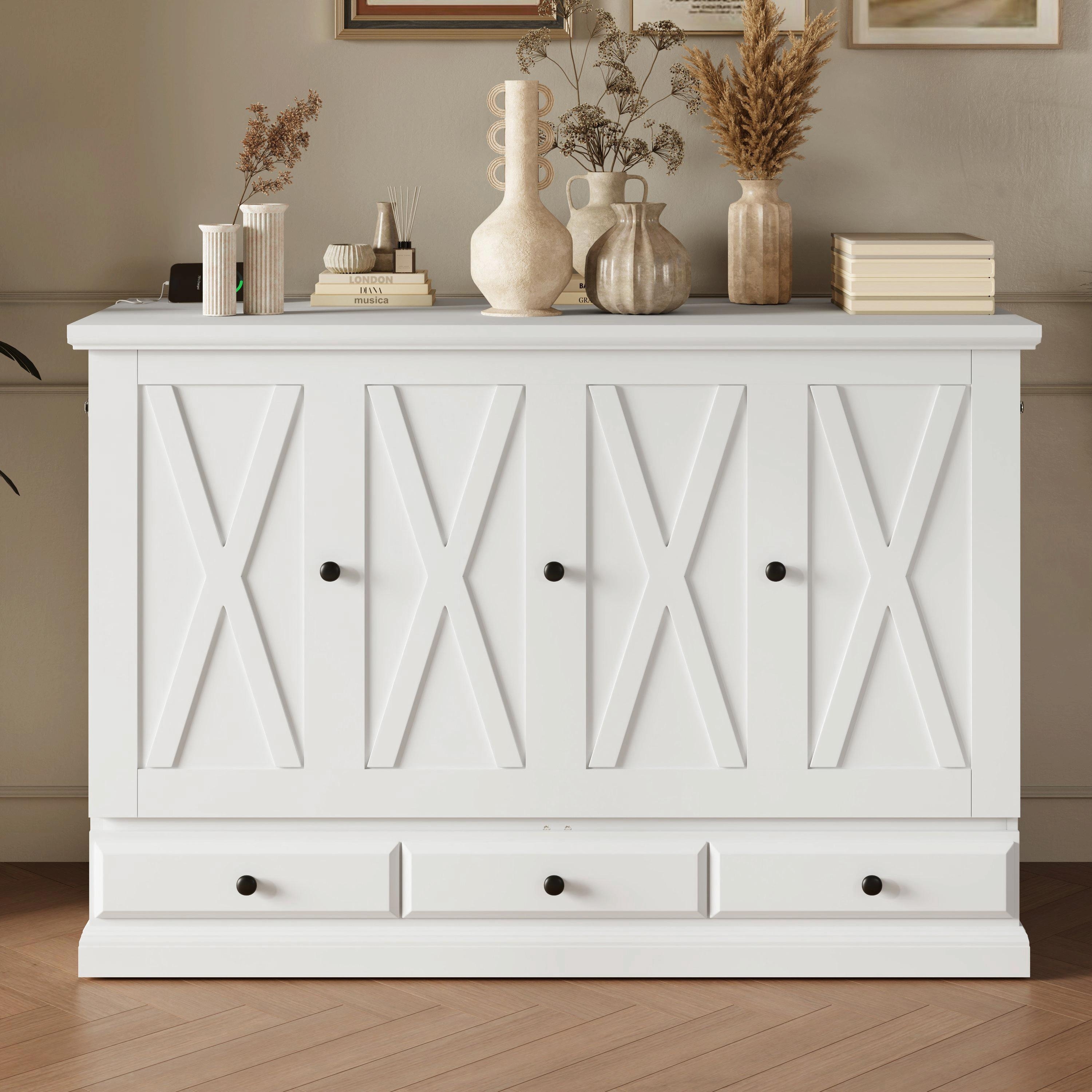 Solid Pine Murphy Bed Chest - Cube Cabinet Bed with Charging Station and Large Storage Drawer
