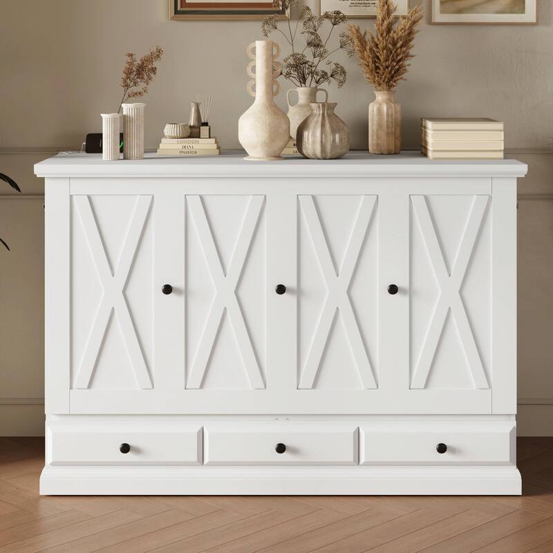 Solid Pine Murphy Bed Chest - Cube Cabinet Bed with Charging Station and Large Storage Drawer - White - Queen