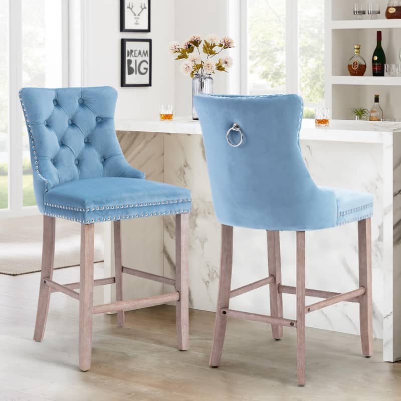 Wing Back Velvet Tufted Nailhead Barstools(Set of 2)