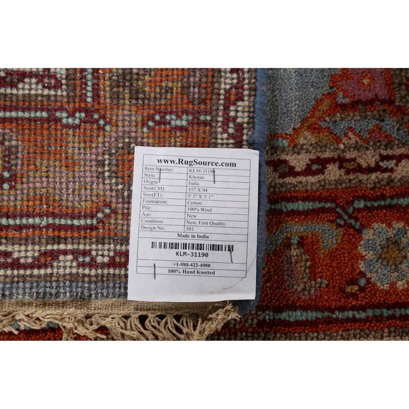 Blue Geometric Khotan Indian Accent Rug Hand-Knotted Wool Carpet - 3'1"x 5'2"