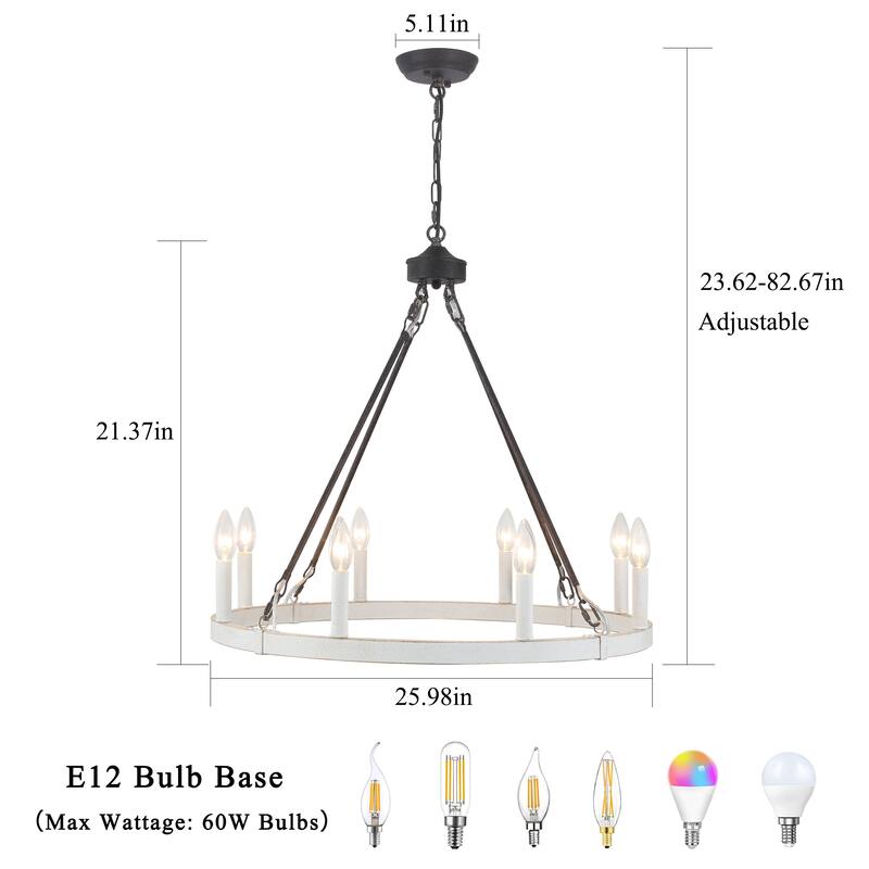 25.98" Wide 8-Light Farmhouse Chandelier, Wagon Wheel Chandelier for Dining Room Living Room Bedroom Kitchen