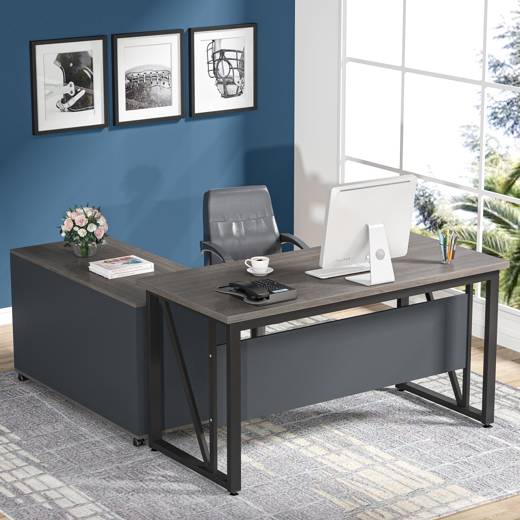 55 inches Executive Desk with Darwers File Cabinet L Shaped office