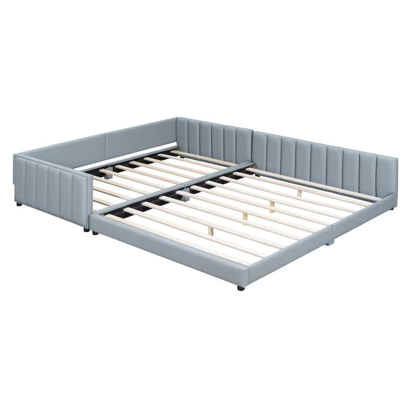 Queen & Twin XL Upholstered Platform Bed, Gray PU Leather, Mother & Child Design