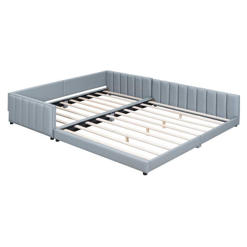 Queen + Twin XL Size Leather Mother and Child Bed Set - Convertible Platform Beds with Safety Rails