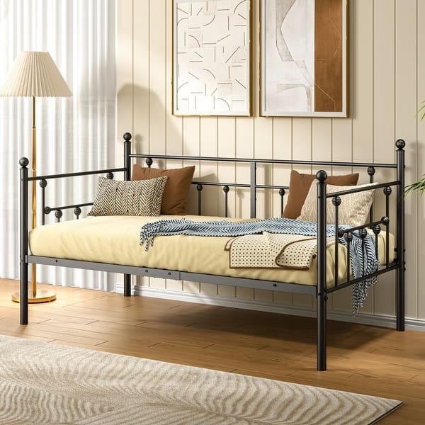 slide 2 of 36, VECELO Roman Column Daybed 79" Iron Frame Space Saving Daybed Set with Rolling Trundle for Guest Teen Room Black or White Daybed - Black