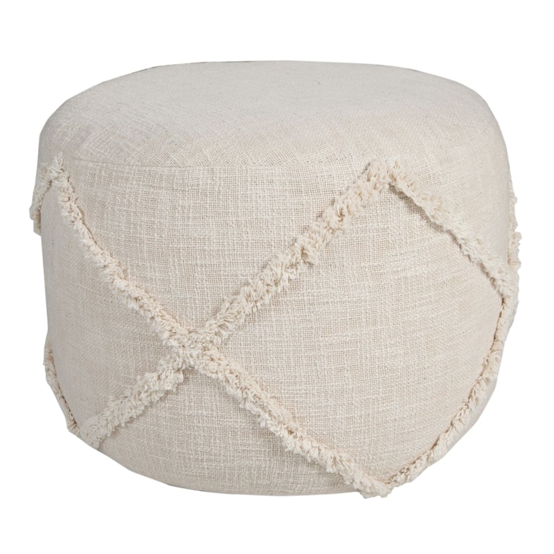 18" Beige Solid Texture Diamond Round Pouf Ottoman