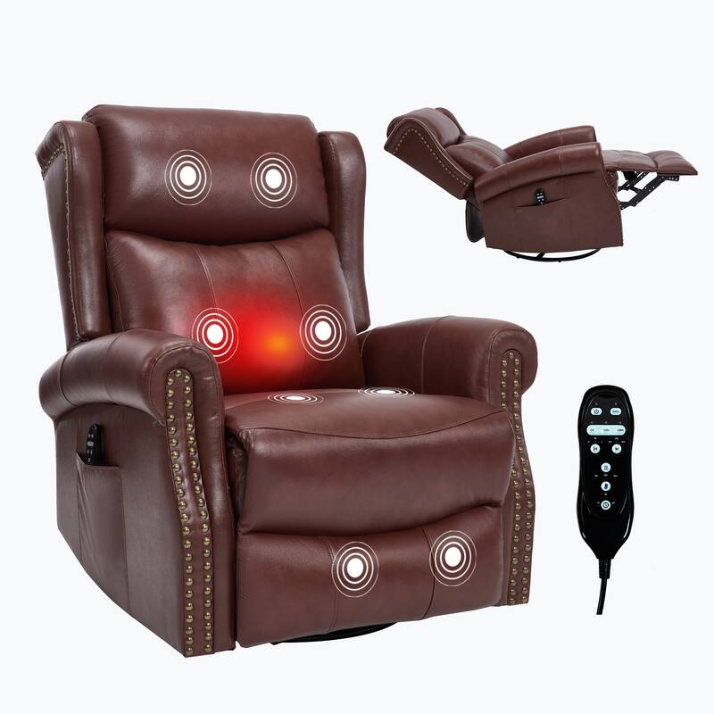 Manual Recliner Chair with Heat & Massage, Genuine Leather Swivel Recliner Chair, Lounge Sofa Chair with Side Pockets