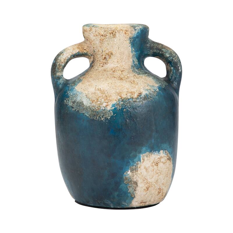 Sagebrook Home Textured Terracotta Blue/ivory Double Handle Vase/ Jug
