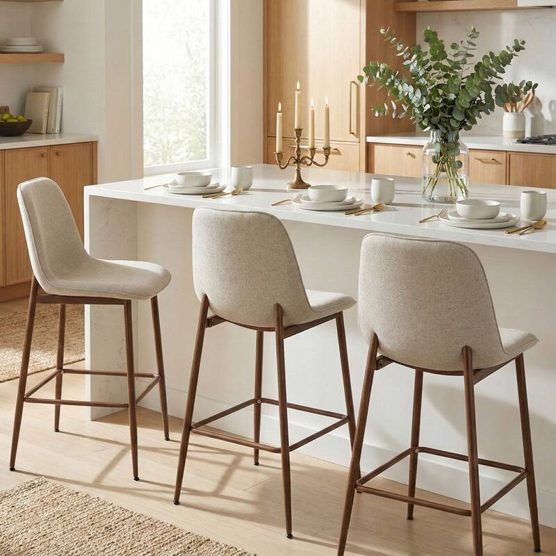 26" Seat Height Upholstered Counter Height Bar Stools with Walnut Metal Leg (Set of 3) - Beige - Counter Height