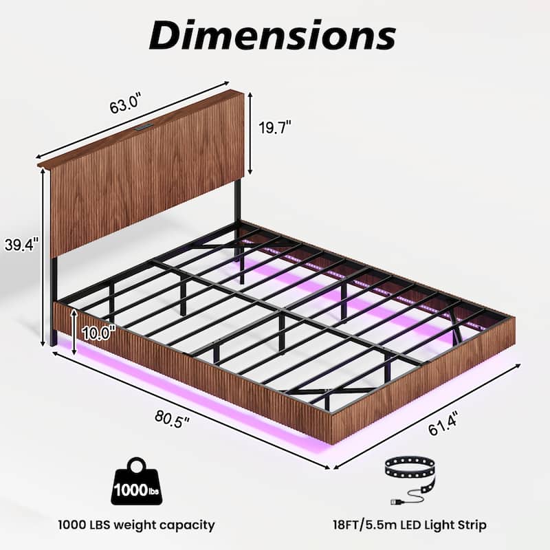 Walnut Queen Floating Bedstead, With Charging Station And Led Lights, Wavy Headboard, With Heavy Metal Flat Noodles