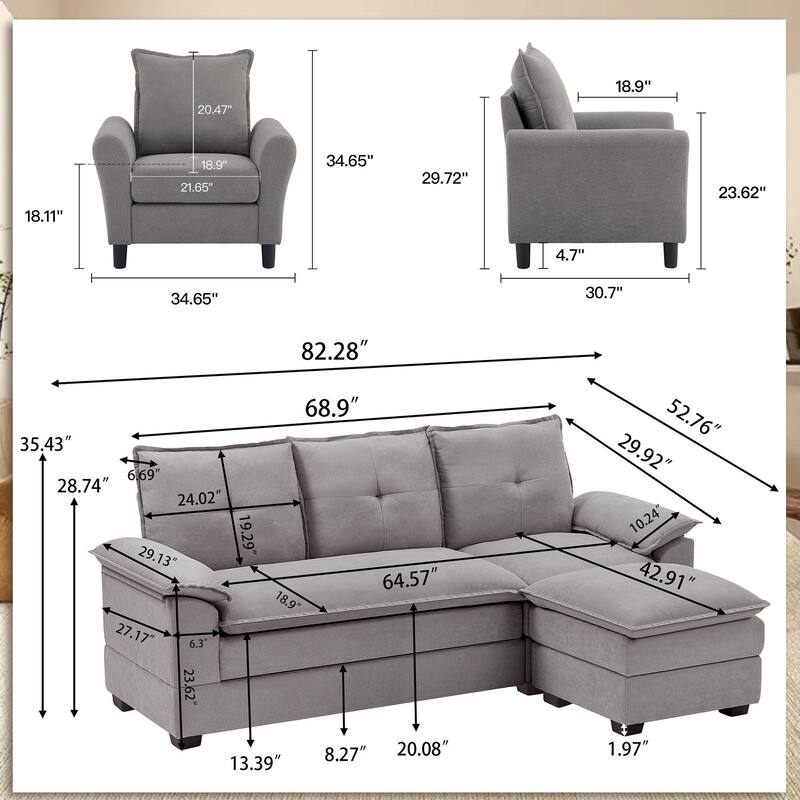 3-Piece Living Room Sectional Sofa Set with Chair and Ottoman