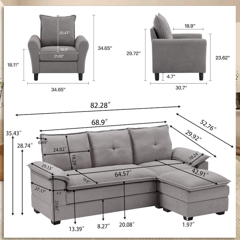 82.28" L Shaped 3 Pieces Living Room Sets