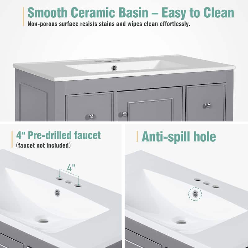 36" Bathroom Vanity with Ceramic Sink Combo, Solid Wood Frame Bathroom Cabinet