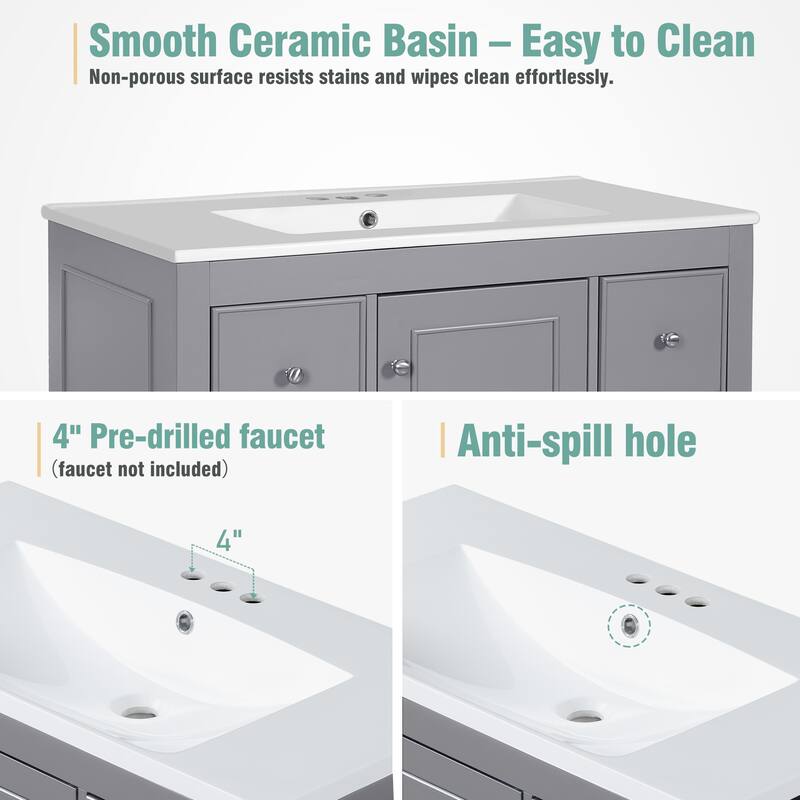 Contemporary White Bathroom Vanity Set – 36"Ceramic Sink Combo with 4 Drawers & 1 Door, Solid Wood Frame & Adjustable MDF Shelf‌