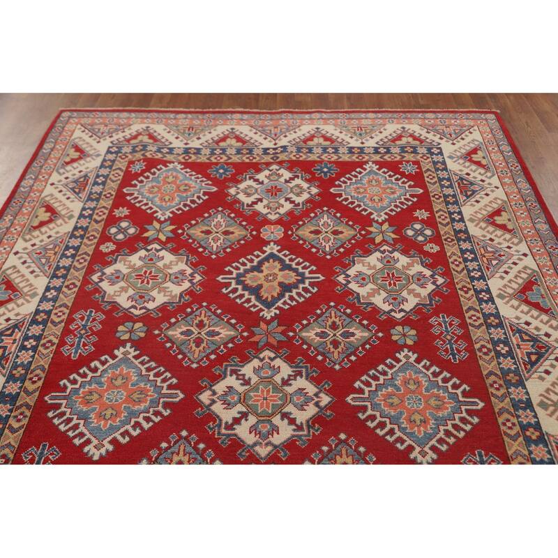 Geometric Kazak Area Rug Hand-Knotted Red Wool Carpet - 6'5" x 9'10"