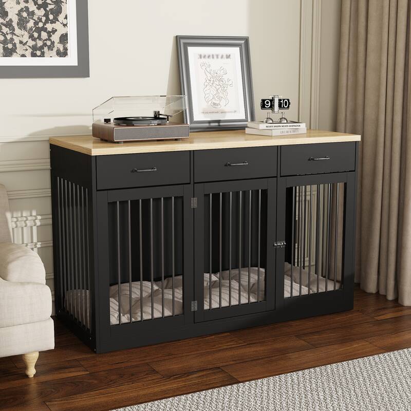 Furniture Style Dog Crate with Storage Drawers, Large Dog Kennel Cabinet with Wood Top, Double Door Pet Crate End Table
