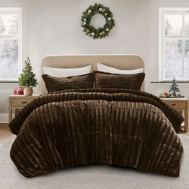 Madison Park York Faux Fur Comforter Mini Set - Chocolate - Queen