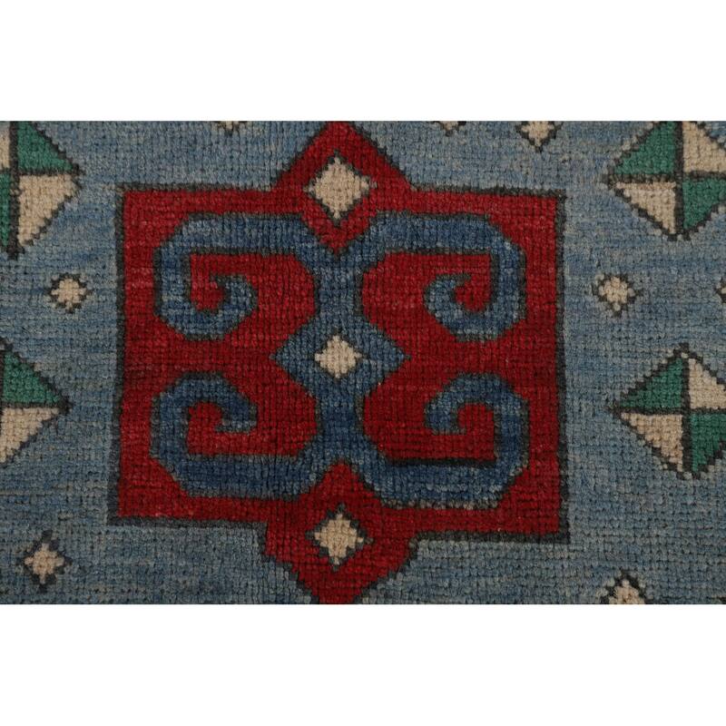 Light Blue Geometric Kazak Rug Hand-Knotted Living Room Wool Carpet - 6'8" x 9'6"