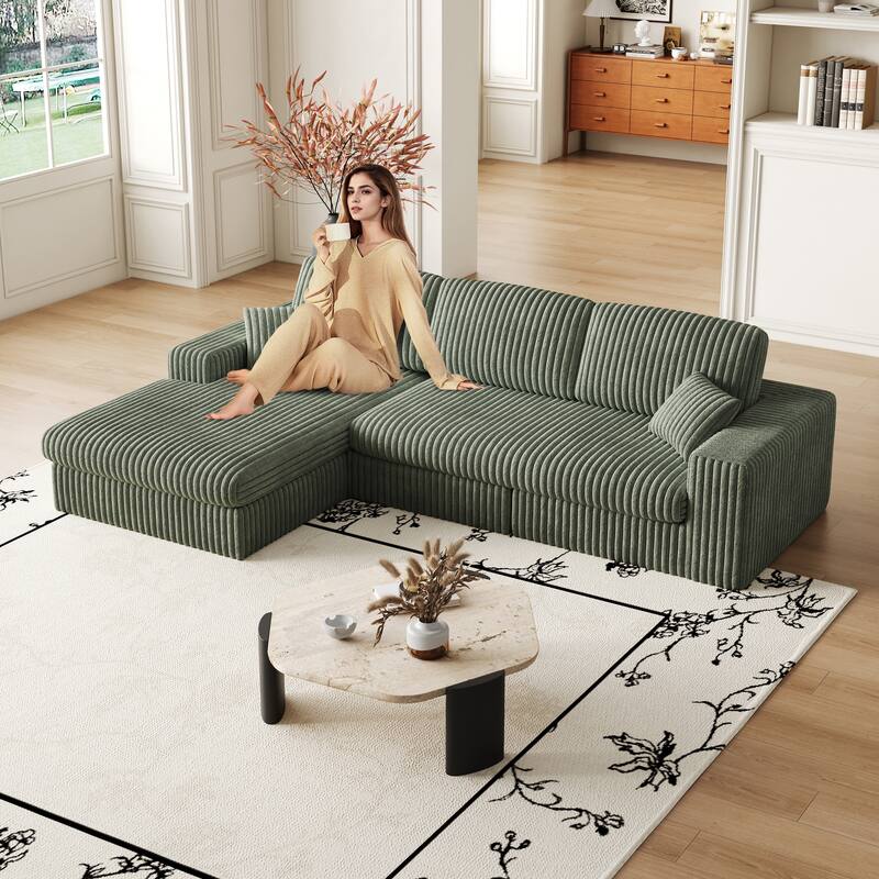 L-Shaped Sectional Sofa with Chaise Lounge, Corduroy Modular Foam Sofa, Upholstered Sofa with 2 Cushion & 2 Throw Pillows