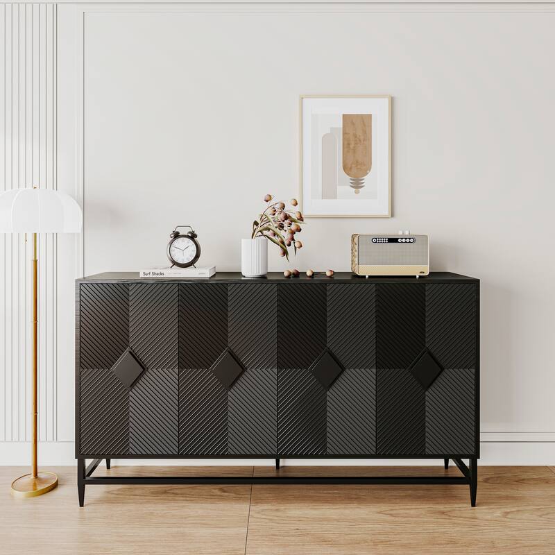 60" Modern Black Lacquered 4-Door Wooden Sideboard Buffet Server Accent Storage Cabinet