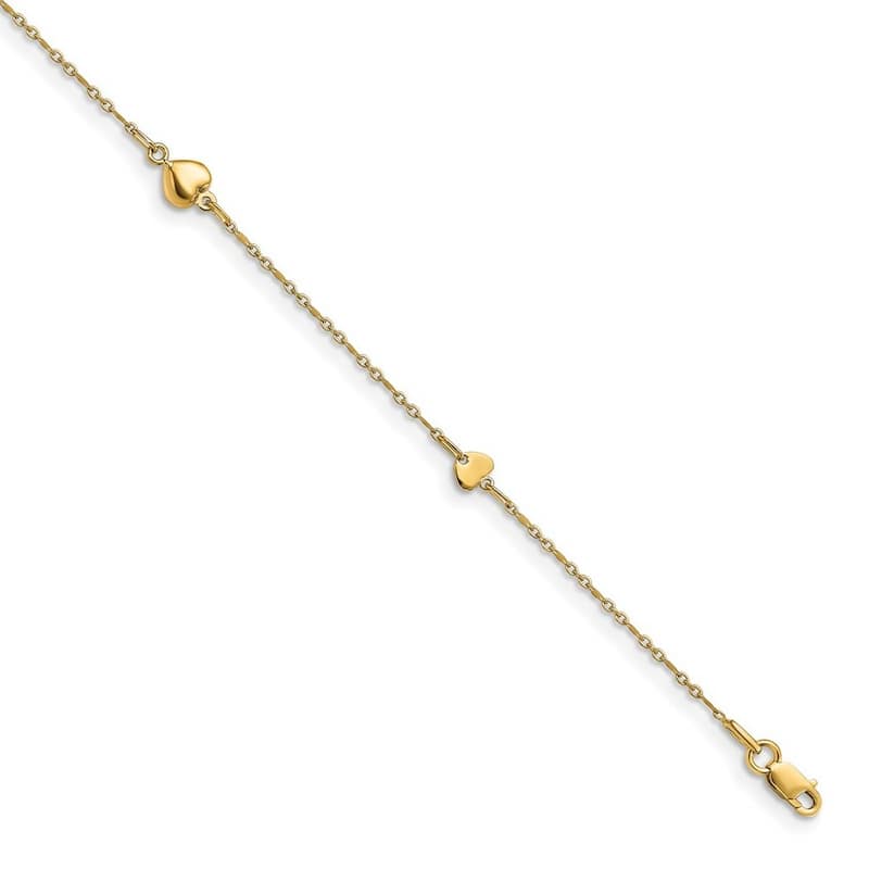 Curata 14k Yellow Gold 10+1" Polished Unusual Heart Station Anklet (Lobster-claw)