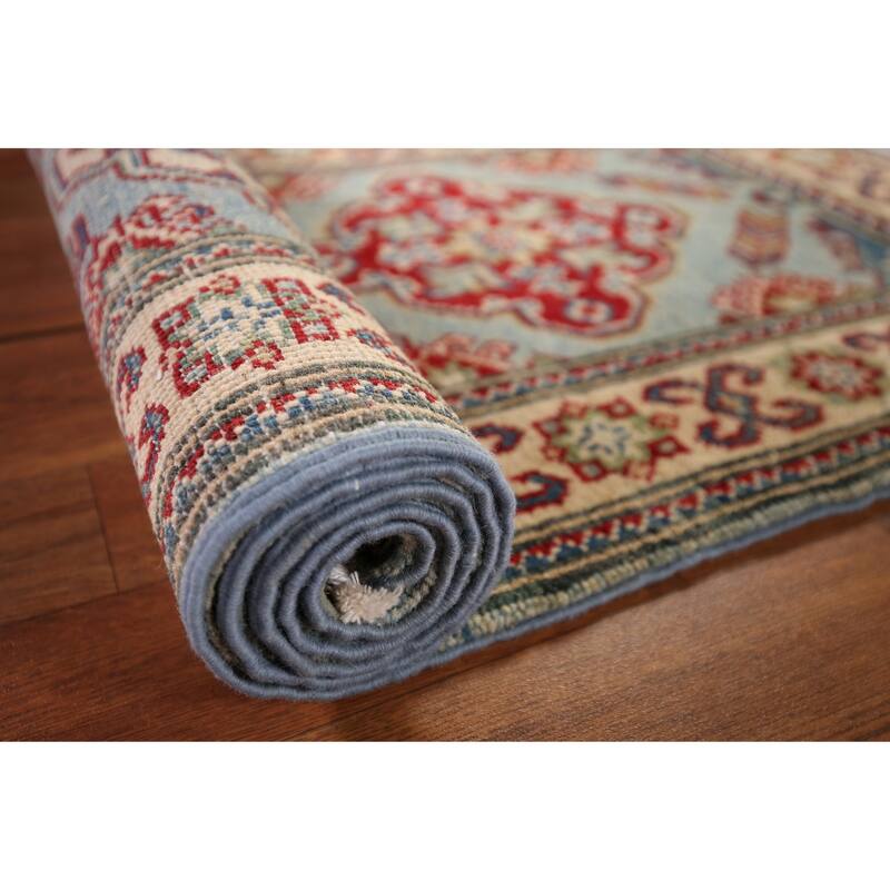 Light Blue Kazak Oriental Runner Rug Handmade Wool Carpet - 2'1" x 5'10"