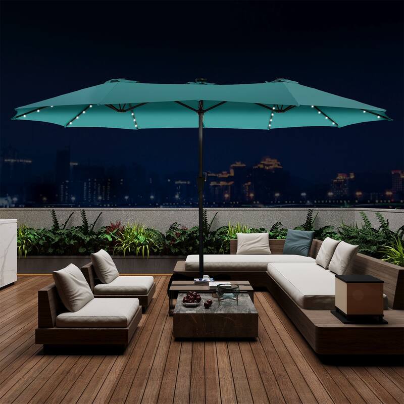 Autlaycil 15ft Retangle Patio Umbrella with Solar Lights & Base - Blue