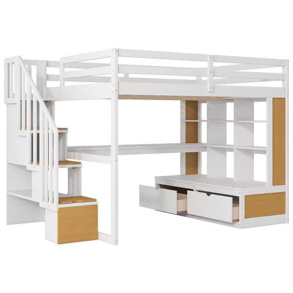 slide 2 of 13, Full Size Loft Bed with Desk & Shelves, 2 Drawers, Storage Staircase, Natural+White Natural+White - Full