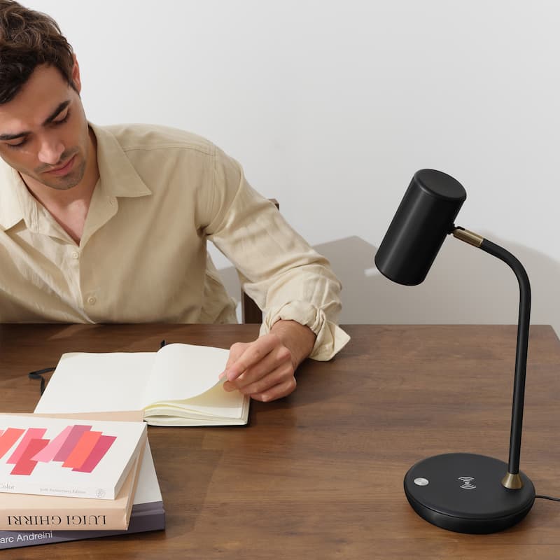 Brightech Ezra 16.5 in. Classic Black Dimmable LED Industrial Desk Lamp with Wireless Charging Pad and Adjustable Lamp Head