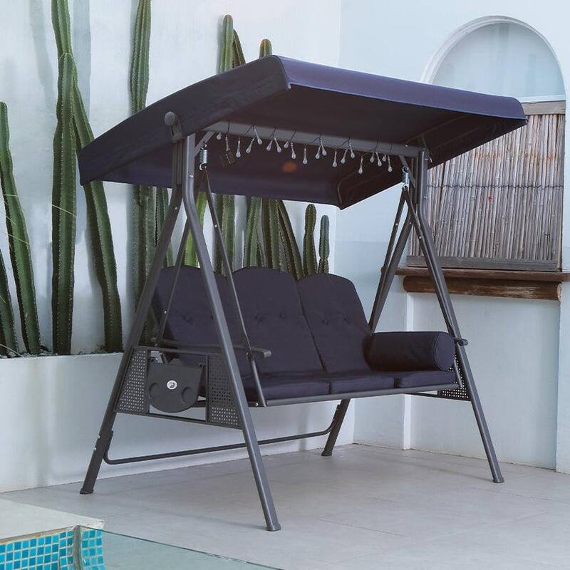 PURPLE LEAF Outdoor Navy Blue Patio Porch Swing with Stand, Chair with Adjustable Tilt Canopy - 3-Seat - Navy Blue