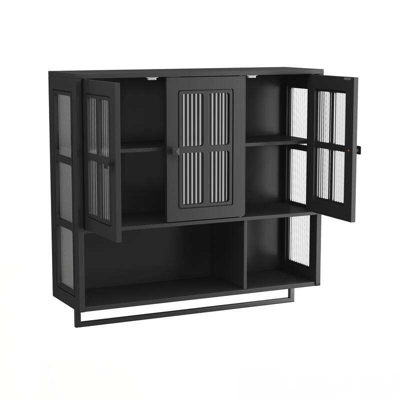Bathroom Wall Cabinet, 3-Door Wooden Wall Cabinet with Open and Hidden Storage Space, Medicine Cabinet with Glass Door