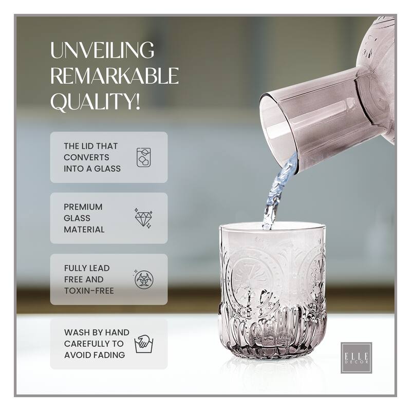 Elle Decor Carafe Bedside Night Water Carafe Glass Pitcher and Cup - 4.52" x 8.26"