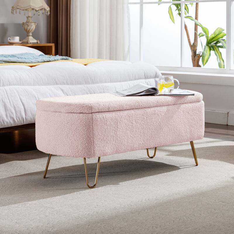 Oval Storage Ottoman Bench with Gold Legs by GDFStudio - 39.37"L x15.75"W x 15.50"H