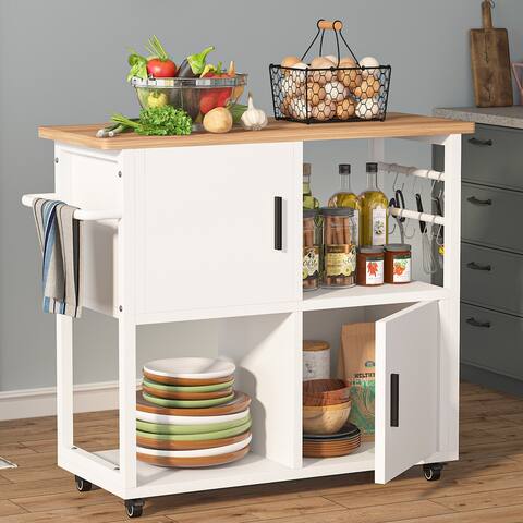 Kitchen Island with Wheels and Towel Rack, Kitchen Cart Utility Coffee Bar Cart with Shelves and Cabinet - White