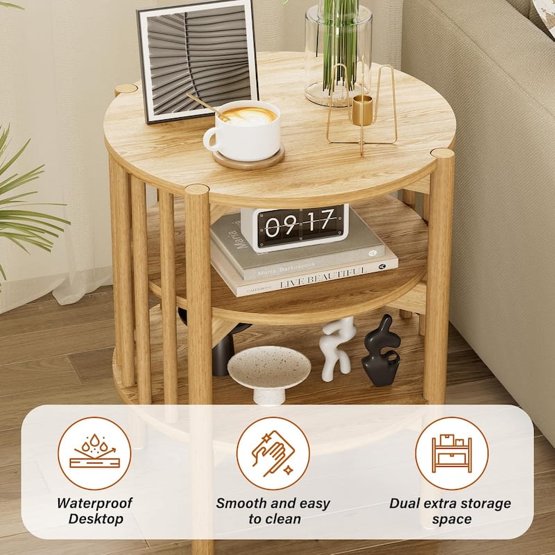 Modern Wood Nightstand with Open Storage, Round End Table for Living Room, Bedroom