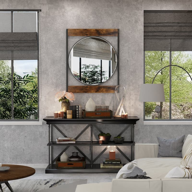 Industrial Round Wall Accent Mirror Square Wood Frame