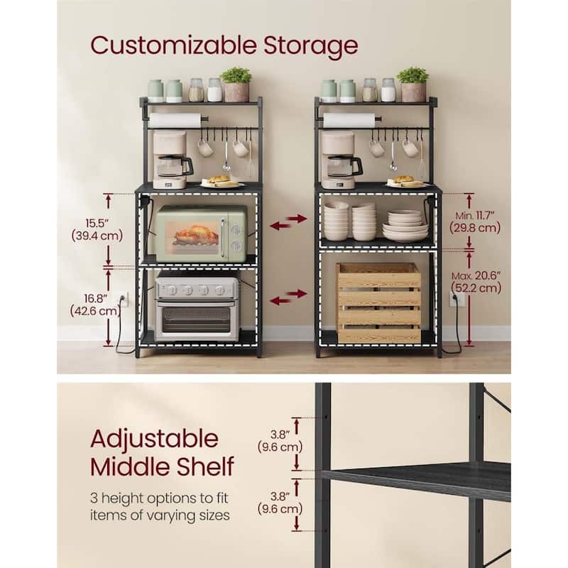 Steel Bakers Rack with Power Strip, Hooks and Adjustable Shelf - 15.7"D x 23.6"W x 55.1"H