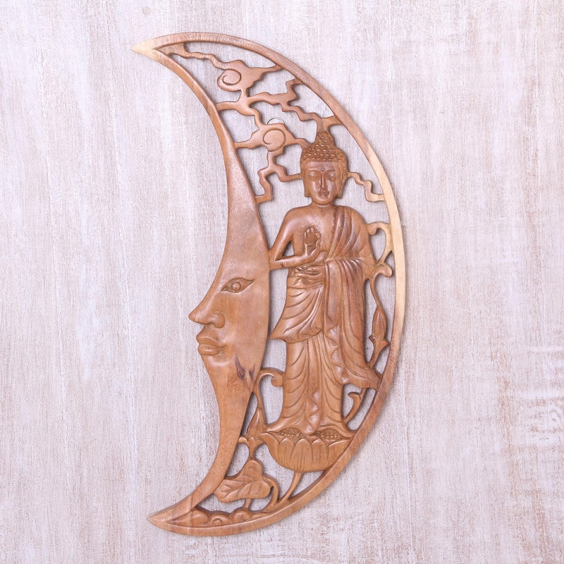 Novica Handmade Buddha Moon Wood Relief Panel