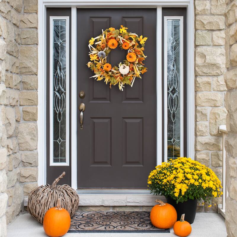 Velvet Pumpkins Wheat Artificial Fall Harvest Wreath - 24-Inch, Unlit