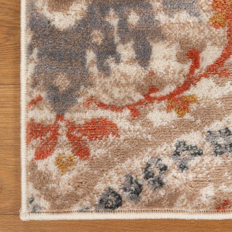 HomeRoots 5' X 8' Ivory Orange And Gray Floral Stain Resistant Area Rug - 6' Round