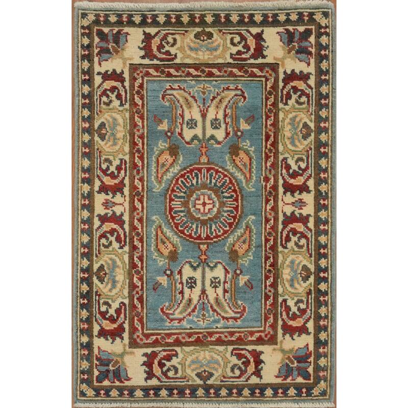 Hand Knotted Oriental 100% Wool Carpet Traditional Tribal Navy Blue & Blues Kazak Area Rug - 3' 1'' X 2' 0''