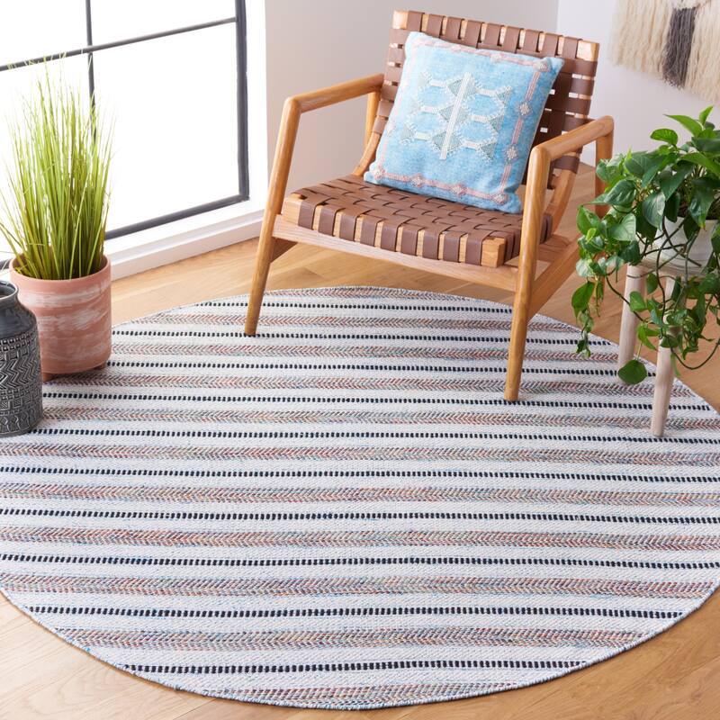 SAFAVIEH Handmade Montauk Meriel Stripe Rug - 6' Round - Turquoise/Ivory