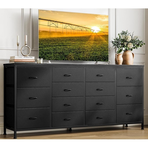 70 inch dresser Garvee 63" W White Dresser TV Stand for 65 70 75 Inch TV, 14 Drawer for Bedroom with Power Outlets, Large Long Fabric Dresser Entertainment Center