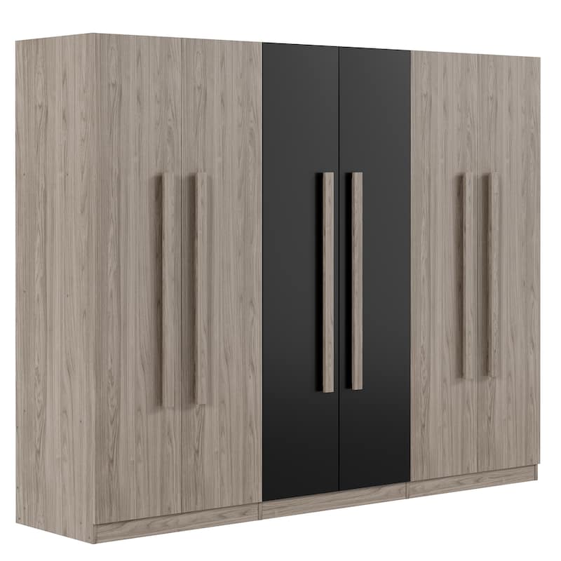 6-Door Wooden Wardrobe with 2 Inside Drawers - Black+Nature Storage for Bedroom