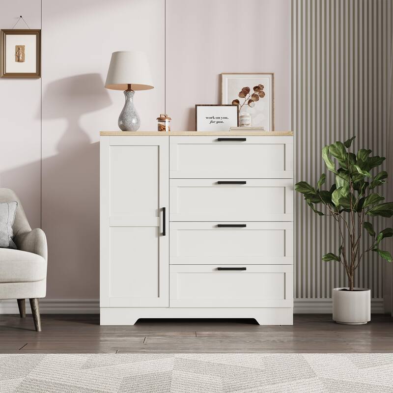 43.3'' Small Wardrobe Closet, Wardrobe Cabinet with Door, 4 Drawers and Handing Rod, Wooden Clothes Cabinet