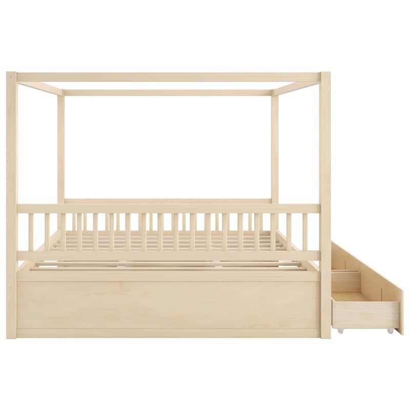GDFStudio - Modern Wooden Canopy Bed with Storage Drawers